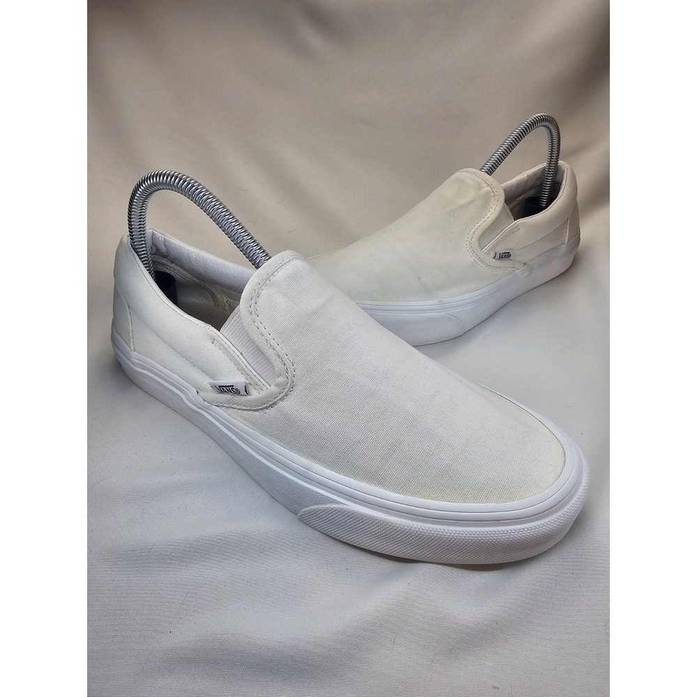 Vans Classic Slip On White Canvas Skate Shoes Mens 7 Womens 8.5 Low Top Sneakers